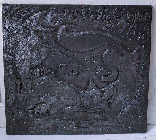 Plaque De Cheminée Design Années 80 Fonte Signée "Le Corbeau et Le Renard"