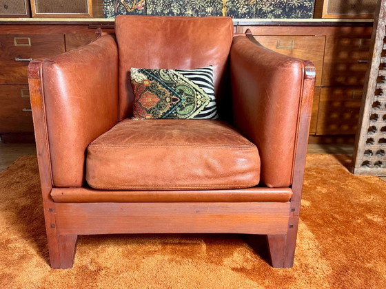 Image 1 of Schuitema Shaker comfortable club armchair in cognac aniline leather with graphic textile panels all around