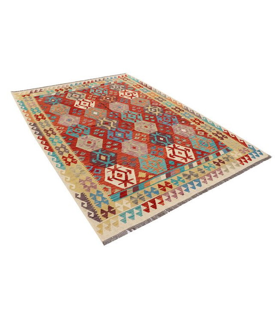 Image 1 of Handwoven Afghan Kilim Rug – 300x204 cm – Red Base with Hexagonal Tribal Patterns