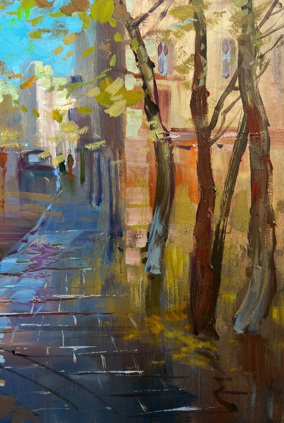 Image 1 of Pintura al óleo original Paisaje urbano otoñal Sinfonía de la ciudad de otoño