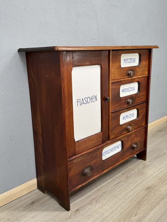 Image 1 of Antique kitchen cabinet with porcelain drawer plates | ca. 1900-1930
