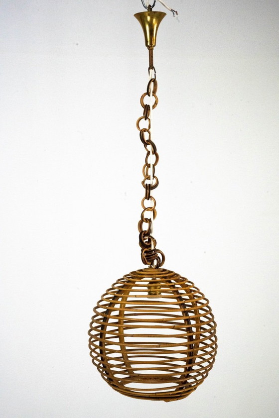 Image 1 of Vintage Italiaanse bamboe bolkroonluchter uit de jaren 1950