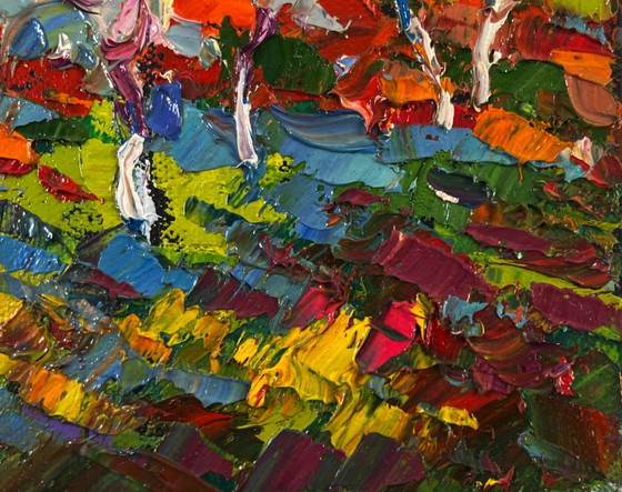 Image 1 of Original Oil Painting Colorful Forest Landscape Flowering trees in the garden
