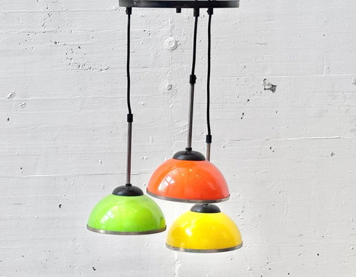 Space-age pendant lamp with three colored metal shades, 1970s