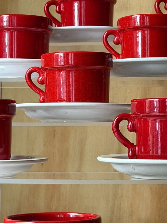Vintage Huizen Holland Red Espresso Cups & Saucers Set | MCM Dutch Pottery MCM Kitchen Decor – Servies (photo 6 of 13)