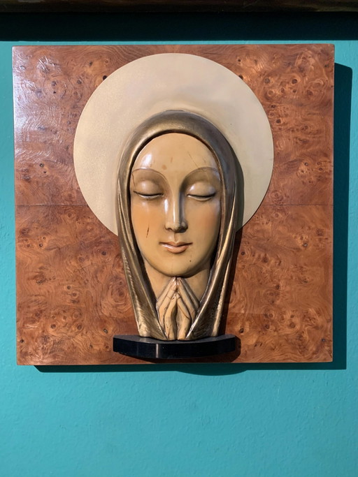 Sculpture Madonna en céramique sur bois, années 70