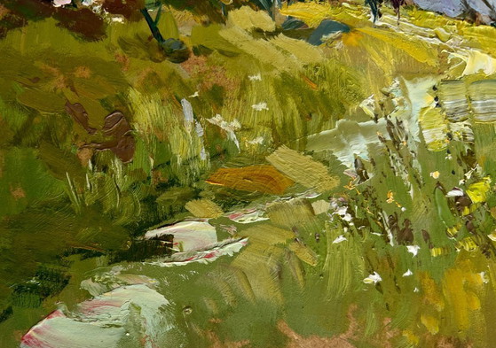 Image 1 of Original Oil Painting Summer Road Landscape The road to the church