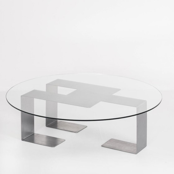 Vintage coffee table. Designed by Jean-Pierre Mesmin for Bioject. Mexico, 1970s., Glass, Metal, Transparent (photo 3 of 12)