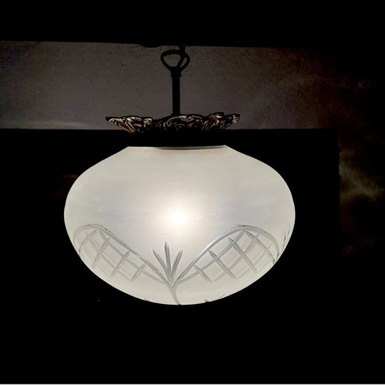 Image 1 of Portuguese regency-inspired frosted glass pendant with ornate brass crown