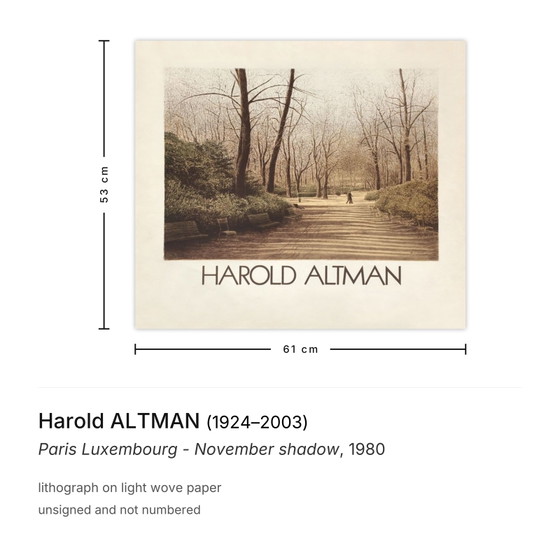 Lithographie d'Harold Altman, Paris Luxembourg - Ombre de novembre 1980 – Lithographies et sérigraphies, Paper (photo 3 of 5)