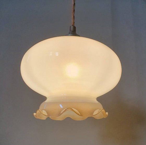 Vintage Glazen Hanglamp - Decoratie Rand - Parelmoer Effect. – Hanglampen, Metal (photo 4 of 13)