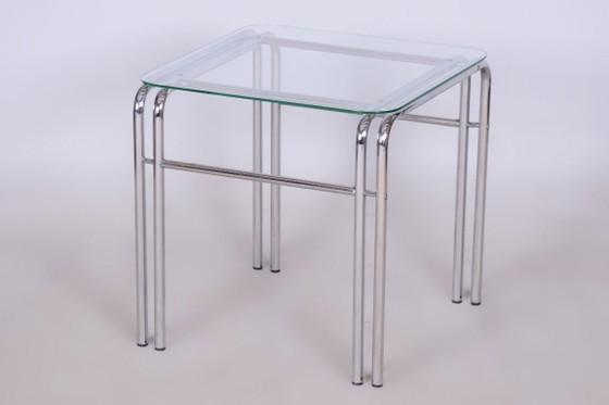 Originele 20e-eeuwse zitset met tafel, chroom, glas, Slowakije, jaren 70 – Stoelen / fauteuils, Textile (photo 4 of 14)