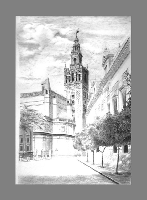 Image 1 of Dibujo a Carbón de la Catedral y Giralda de Sevilla. Giralda. Cuadro Giralda y Catedral. Sevilla Dibujo de la Giralda y Catedral