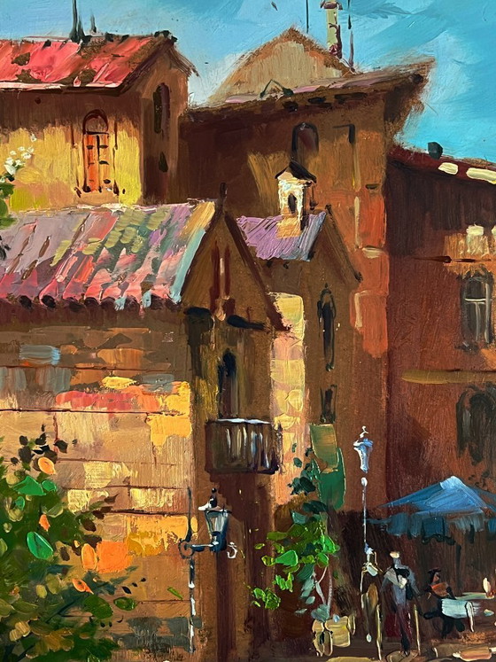 Image 1 of Peinture à l'huile originale représentant un paysage urbain et une architecture. Une promenade dans les rues de Venise.