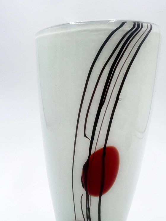 70s White Murano Glass Vase with Red and Black Decorations (photo 4 of 11)