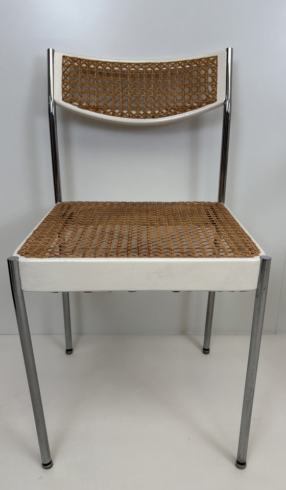 Image 1 of 2 x vintage armchair rattan/webbing chrome tube frame white wood