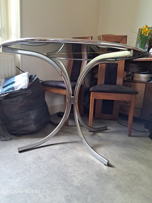 Round Table with Legs and Frame, 110cm Diameter Top, 100cm Diameter Glass Top, Smoked Glass Top, Chrome Finish, Smoked Glass