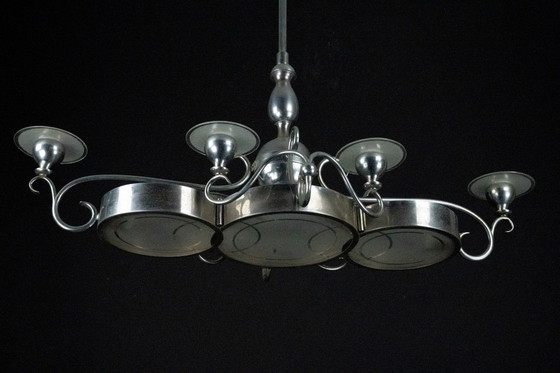 Image 1 of Araña Art Decó italiana de latón niquelado y cristal esmerilado, años 30