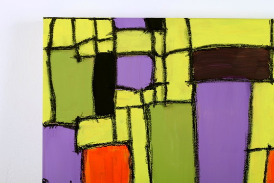 Image 1 of Modern abstract green, yellow, purple and orange mixed media painting