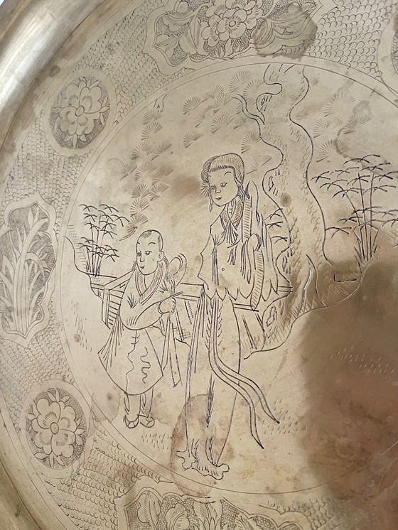 Image 1 of Table à thé asiatique ancienne avec bols en bronze