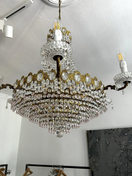 Antique large crystal chandelier, 12-light, bronze/gold, circa 1930 (photo 4 of 5)