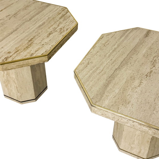 Image 1 of Pair of Willy Rizzo for Jean Charles Mid-Century Italian Modern Travertine Low Octagonal Tables