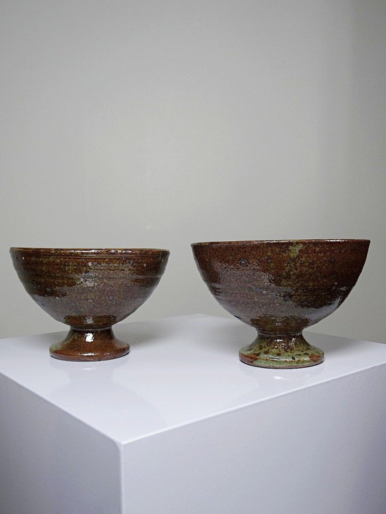 Image 1 of Pair of vintage pyrity stoneware footed bowls in the Baudat La Borne style from the 60s and 70s