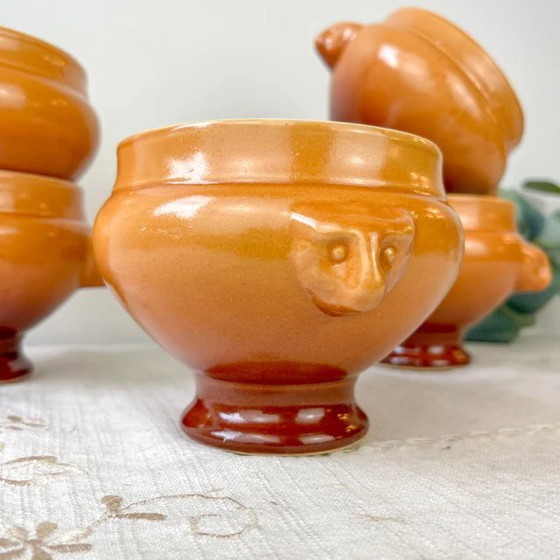 5 Ciotole Vintage Emile Henry Ceramica Testa Leone Zuppa Cipolle - Sfumatura Miele/Marrone, Francia - (photo 3 of 9)
