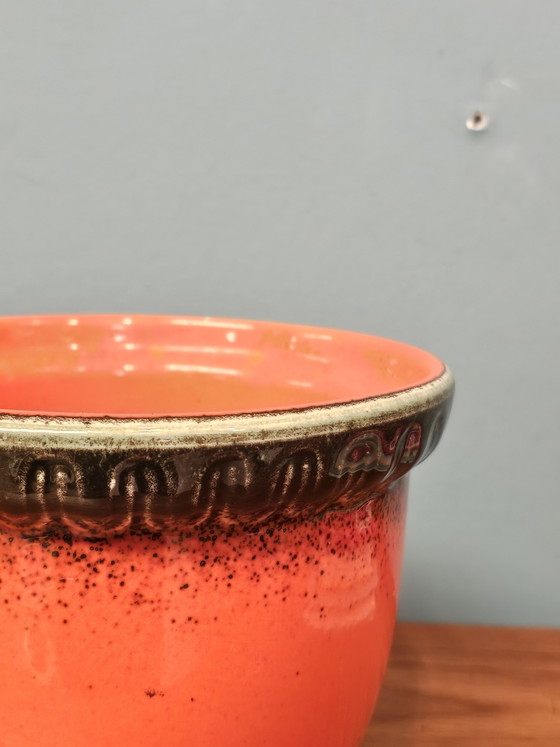 Image 1 of Large Vintage Orange Flowerpot Green Rim