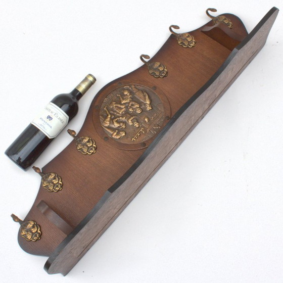 Image 1 of Vintage authentic antique coat rack with embossed scene, hat shelve clothing hanger hallway eye-catcher 32.68 inch 83 cm