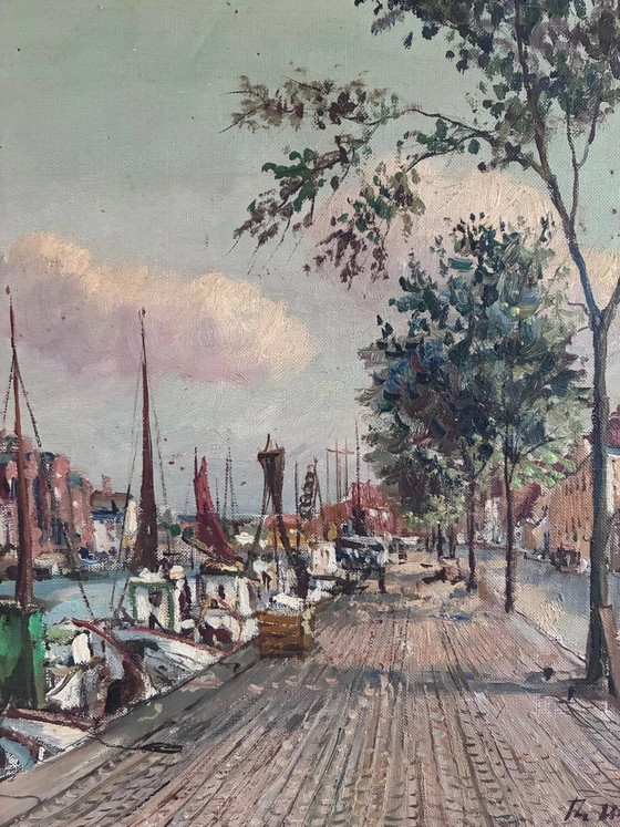 Image 1 of Pintura al óleo original de época que representa un puerto escandinavo.