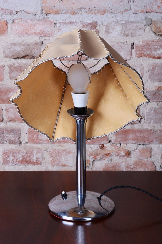 Restored Bauhaus Table Lamp, Chrome-Plated Steel, Parchment, Czech, 1930s – Metal, Paper (photo 6 of 12)