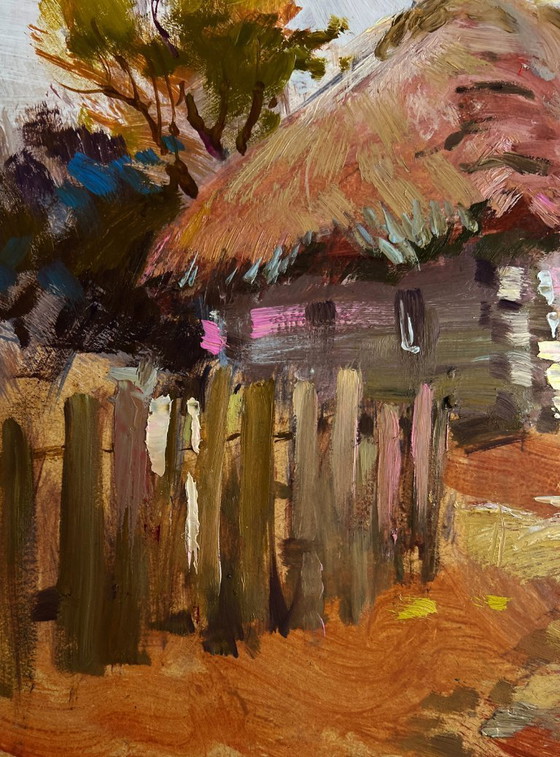 Image 1 of Original Oil Painting Autumn Village Landscape Street in golden leaves