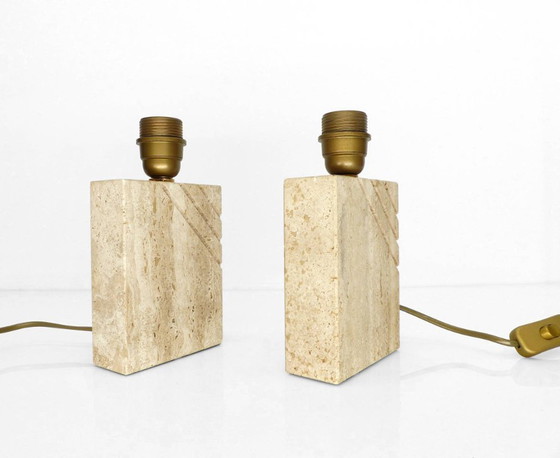 Image 1 of Pair of solid travertine table lamps with incised decoration, French production, circa 1970–1980