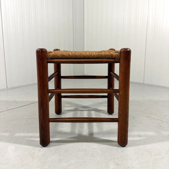 Image 1 of Taburete de roble con asiento de junco, años 50-60.