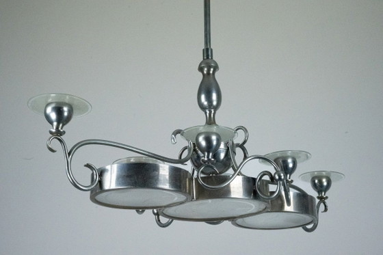 Image 1 of Lampadario italiano Art Déco in nichel, ottone e vetro satinato, anni '30.
