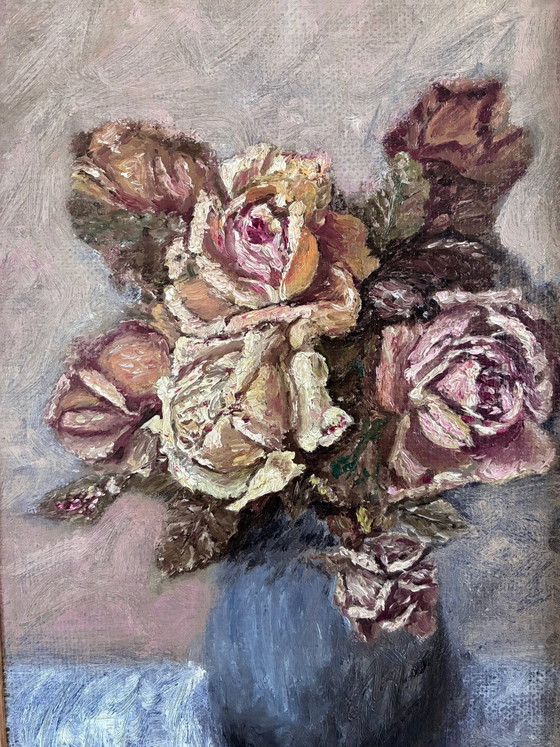 Image 1 of Vintage original flower oil painting, flower still life art