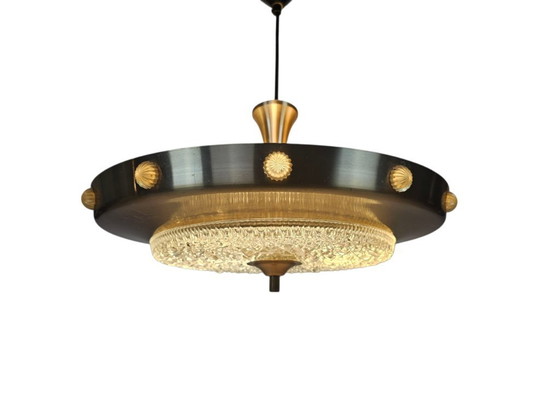 Image 1 of Lampada a sospensione UFO in stile Lakro - Vintage - 'Champagne gold' - vetro - anni '70