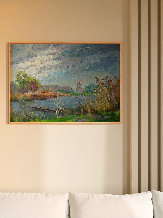 Origineel olieverfschilderij Herfstlandschap Stadsrand Meeuwen boven de rivier. Droge Kagamlyk (photo 2 of 8)