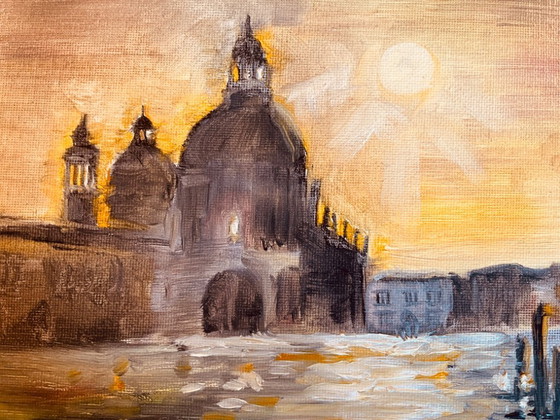 Image 1 of Signed oil painting on canvas, Venice landscape "Santa Maria" at sunset
