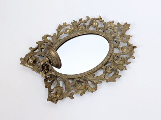 Image 1 of Vintage Brass Mirror Wall Sconce Candle Holder Rococo Scrollwork Hollywood Regency 1960s