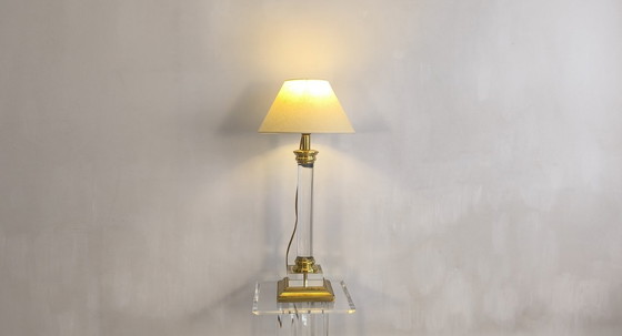 Image 1 of 😍✨ Elegant vintage 70s/80s column lamp by "Le Dauphin" in acrylic glass and brass with a new lampshade ✨😍