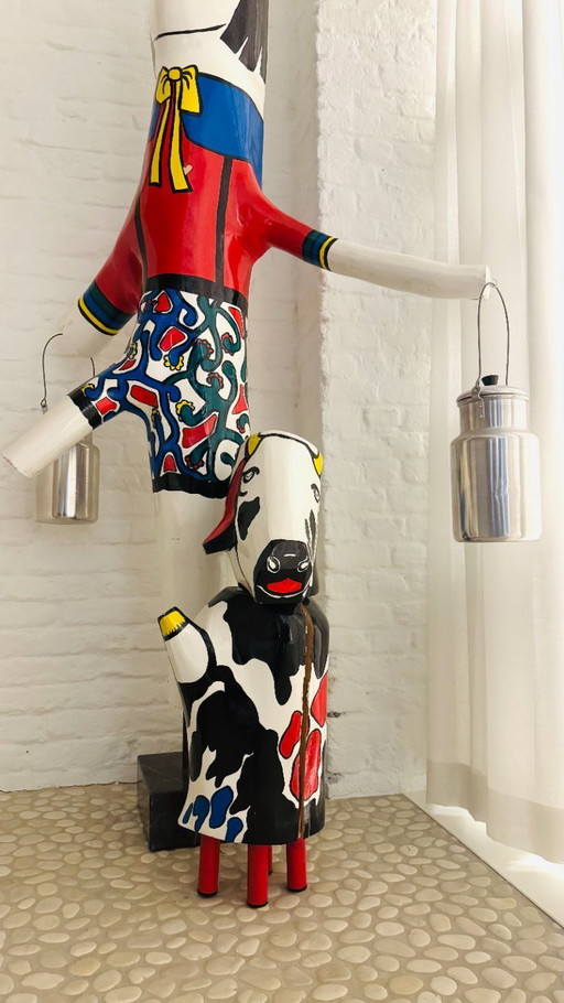 milkmaid - large polychrome wooden sculpture, signed majé