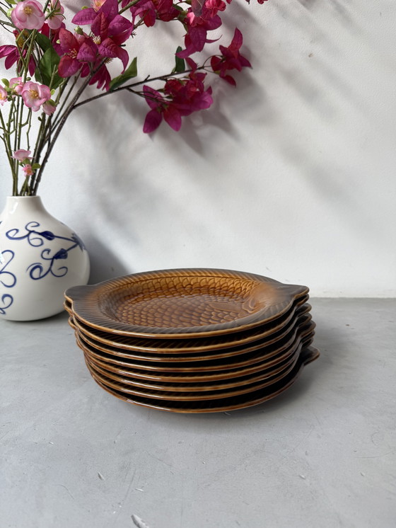 Image 1 of Ensemble de 8 assiettes à poisson vintage - Sarreguemines France (1960s)