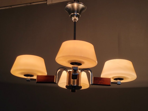 Image 1 of Art Deco kroonluchter van chroom, hout en glas, Tsjechoslowakije