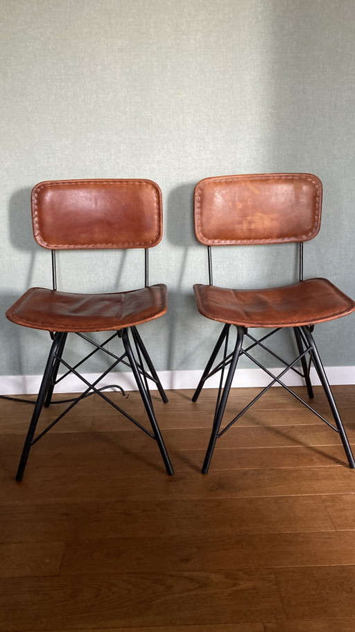 Ensemble de 2 chaises de salle à manger vintage en cuir avec piètement Eiffel noir – eetkamerstoelen, Leather, Metal