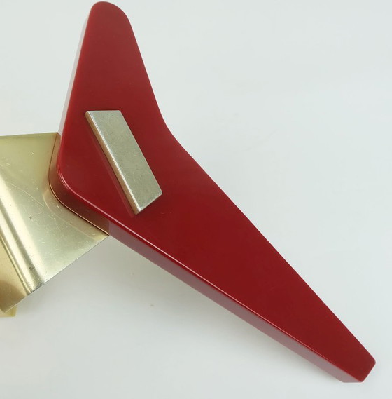 Image 1 of a pair of very rare mid-century door handles push handles red bakelite and aluminum 1950s streamline bungalow