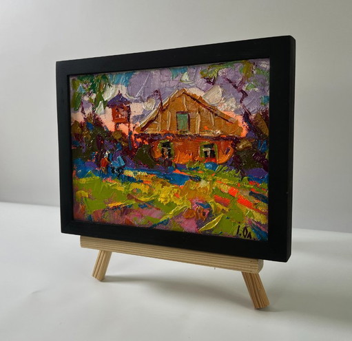 Original Oil Painting Summer Village Landscape Sunset Behind The Clouds