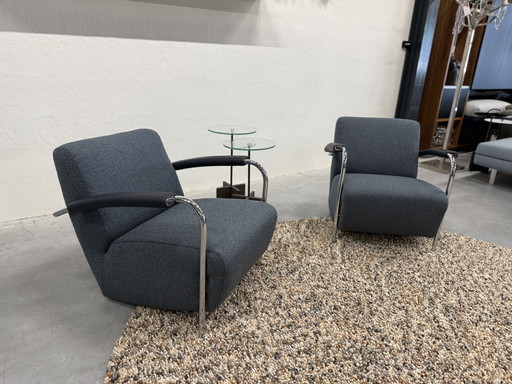 2 Leolux Scylla Fauteuils Stof Leer Blauw