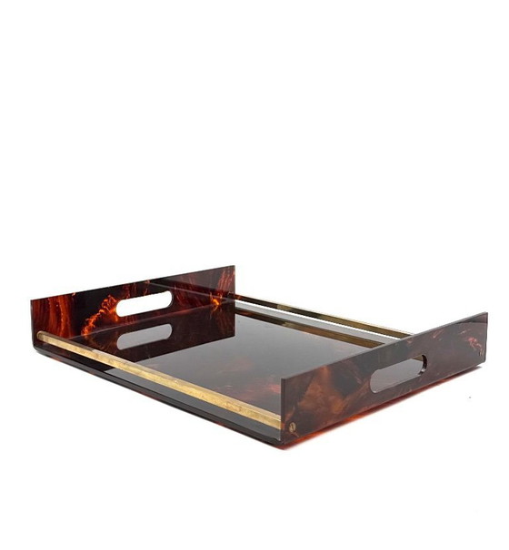 Image 1 of Hollywood Regency dienblad van messing en lucite met schildpadmotief, Italië, jaren 70.